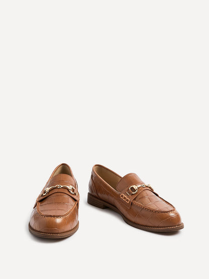 Maison Tan Faux Croc Patent Leather Loafers