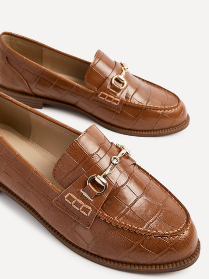 Maison Tan Faux Croc Patent Leather Loafers
