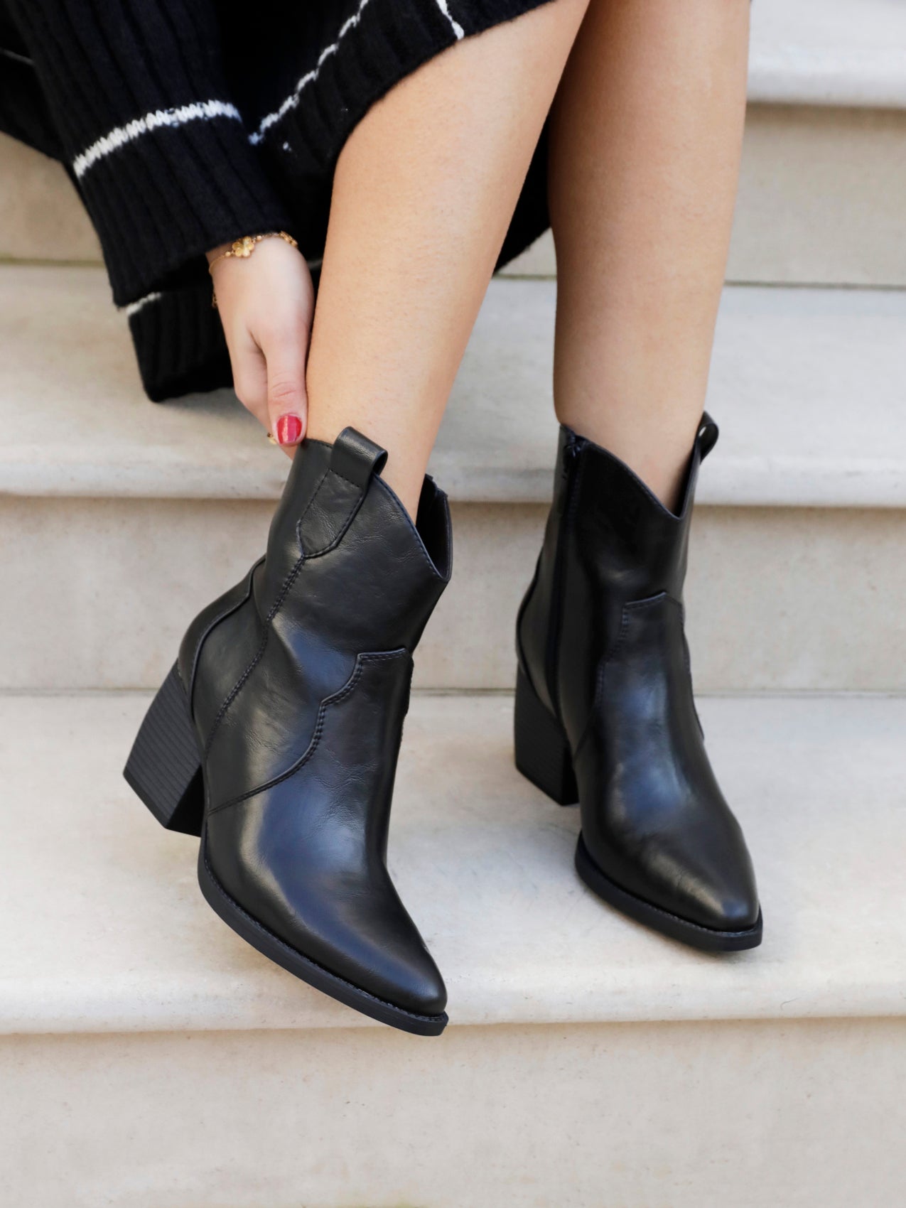 Jessie Black Faux Leather Cowboy Ankle Boots