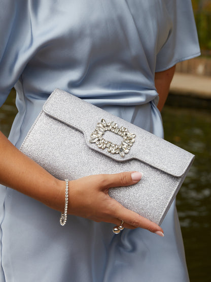 Wonder Silver Satin Diamante Clutch Bag