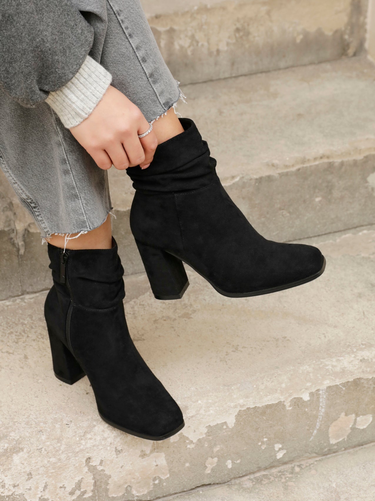 Mila Black Suede Heeled Ruched Ankle Boots