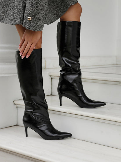 Onyx Black Faux Leather Long Heeled Boots