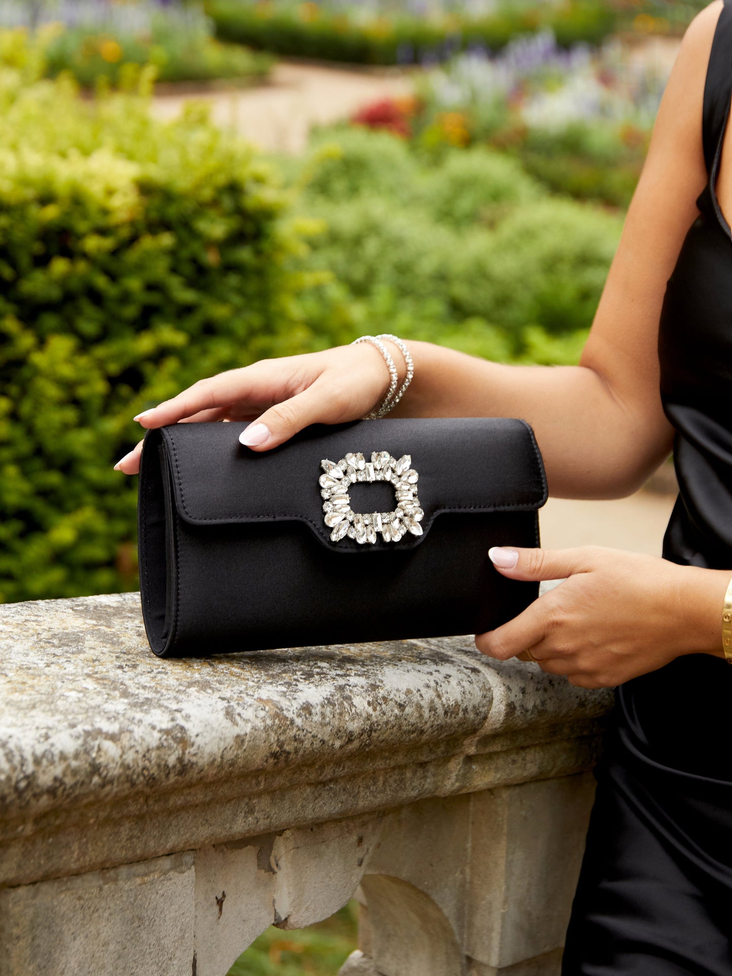 Wonder Black Satin Diamante Clutch Bag