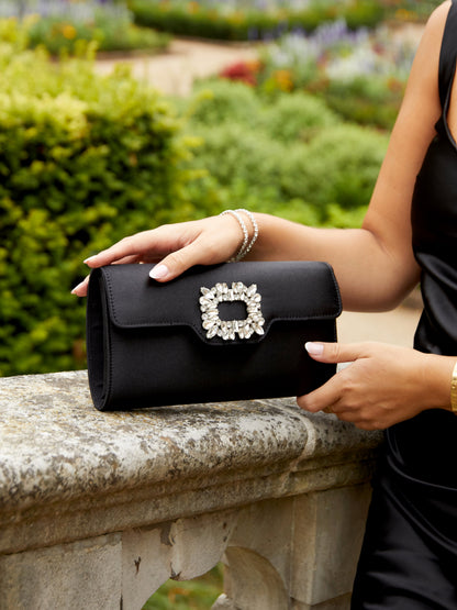 Wonder Black Satin Diamante Clutch Bag