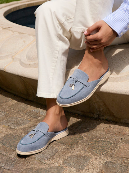 Alix Pale Blue Faux Suede Slip On Mules