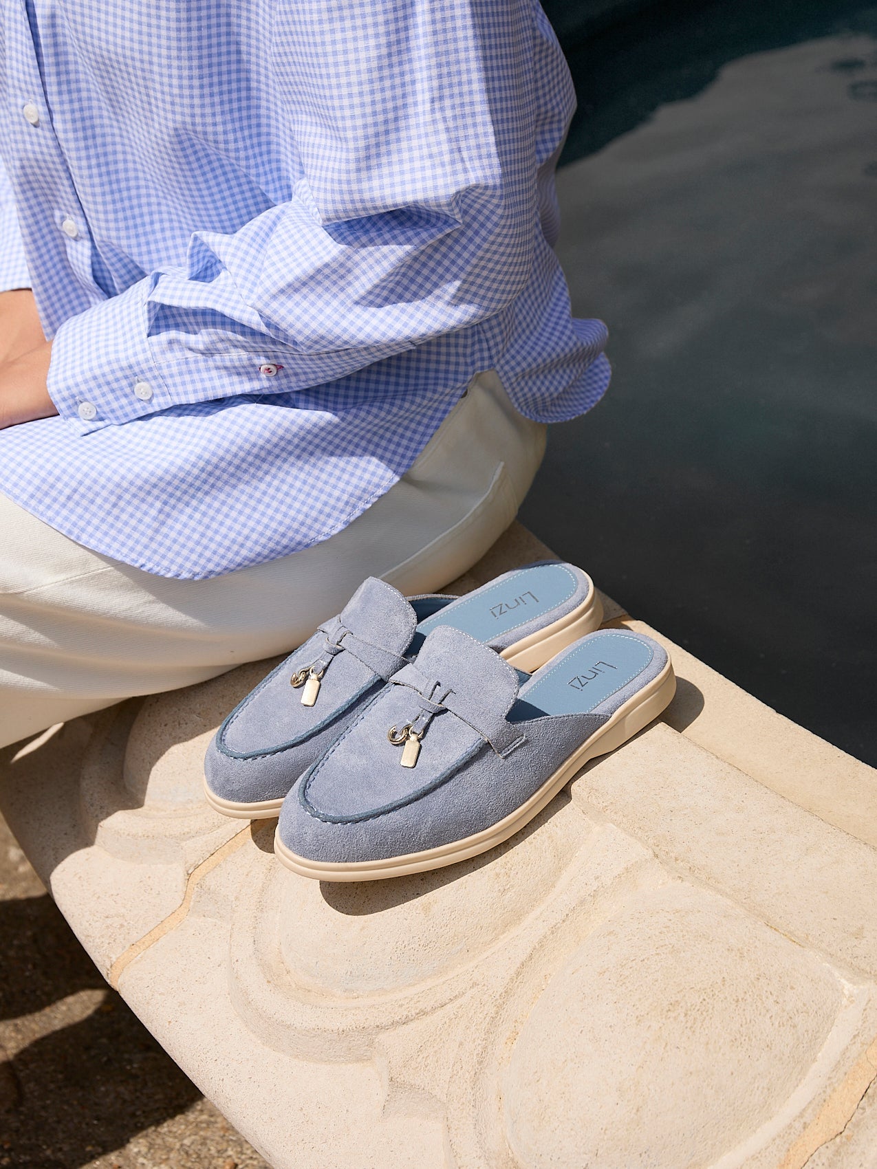 Alix Pale Blue Faux Suede Slip On Mules