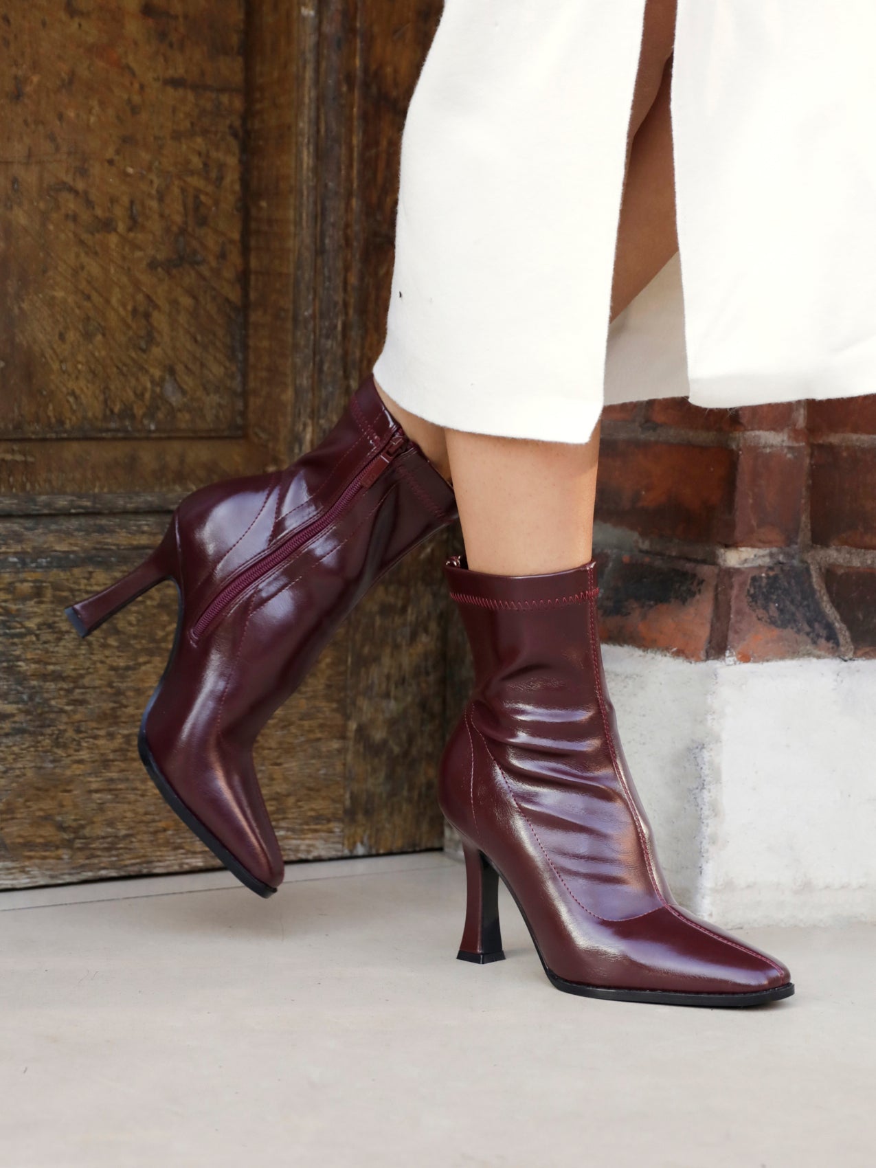 Noelle Burgundy Faux Leather Heeled Sock Boots