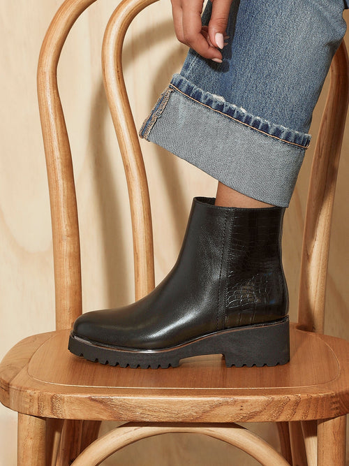 Navigate Black Croc Wedge Ankle Boots