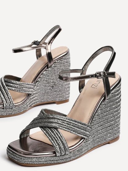 Nikki Pewter Crossover Rope Wedges