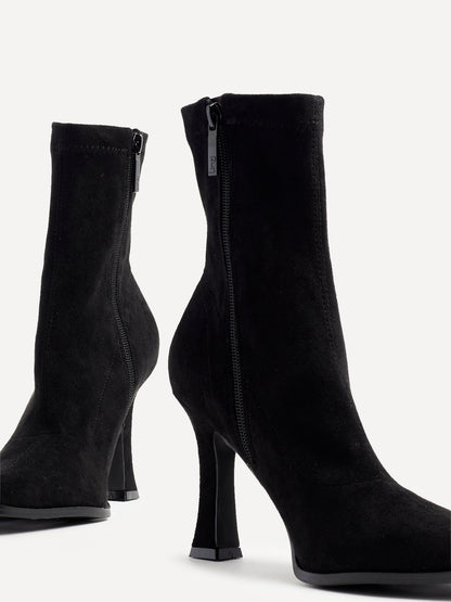 Noelle Black Faux Suede Heeled Sock Boots