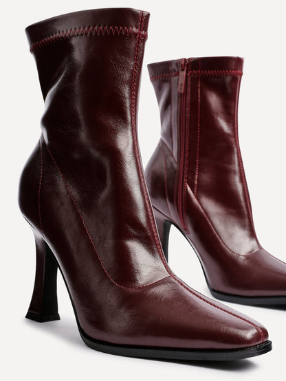 Noelle Burgundy Faux Leather Heeled Sock Boots