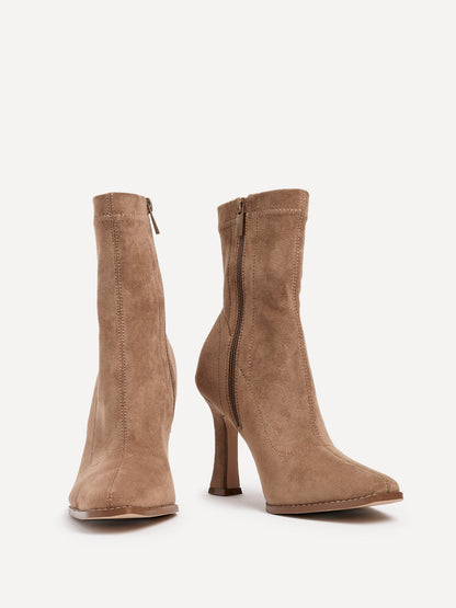 Noelle Sand Faux Suede Heeled Sock Boots