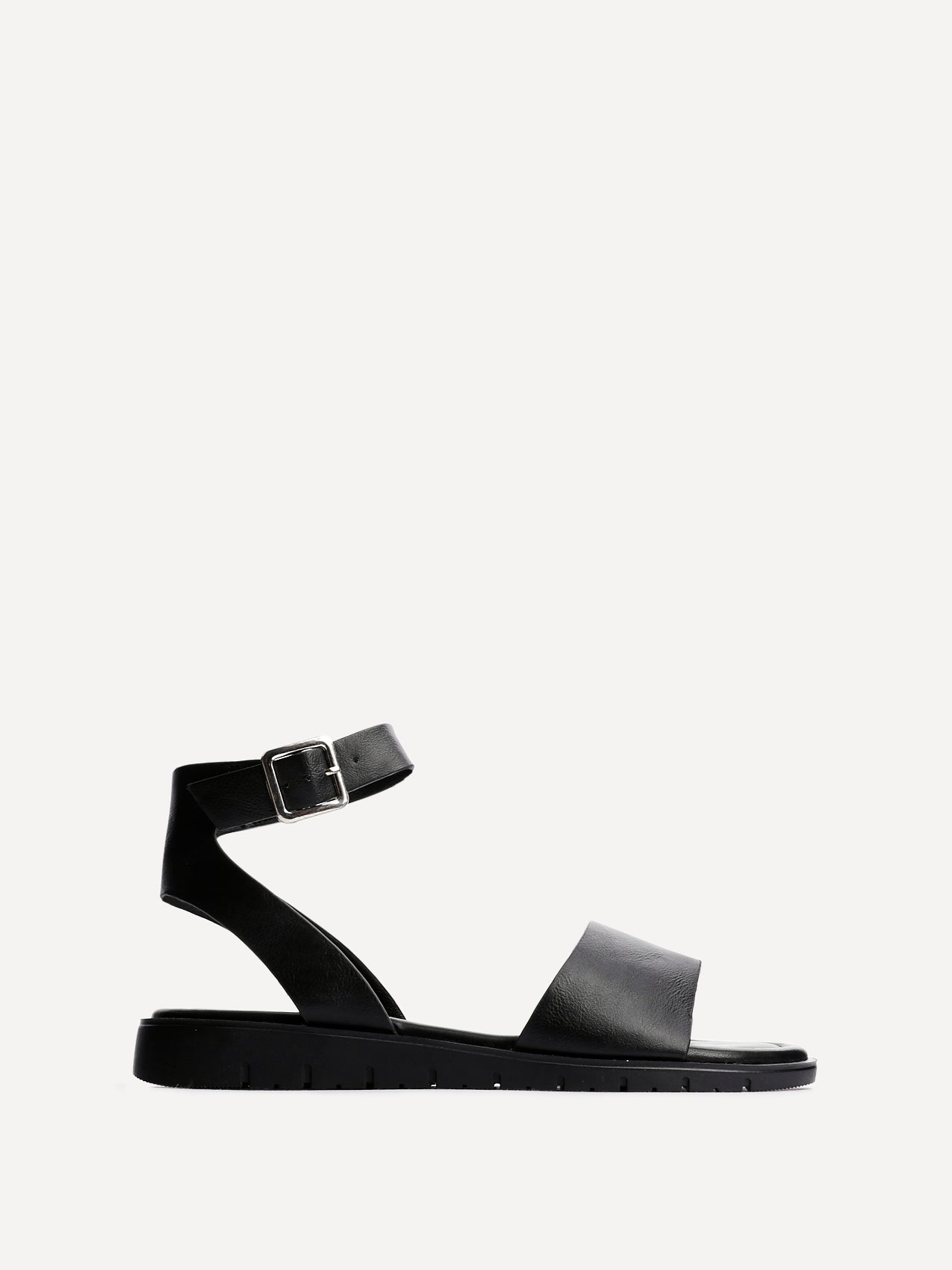 Nora Black Faux Leather Flat Sandals