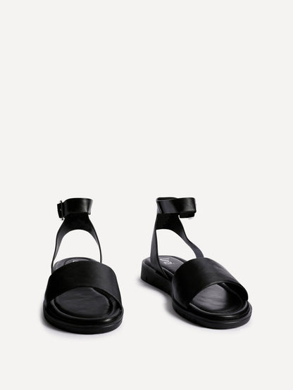 Nora Black Faux Leather Flat Sandals