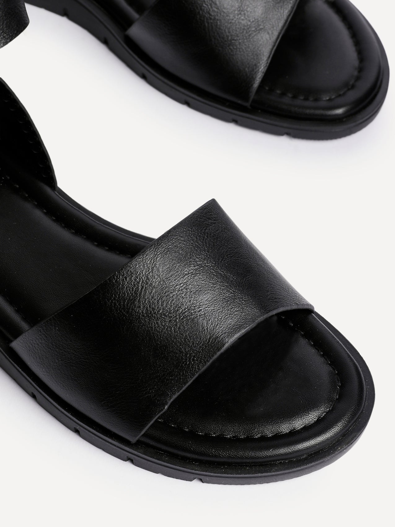 Nora Black Faux Leather Flat Sandals