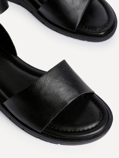 Nora Black Faux Leather Flat Sandals