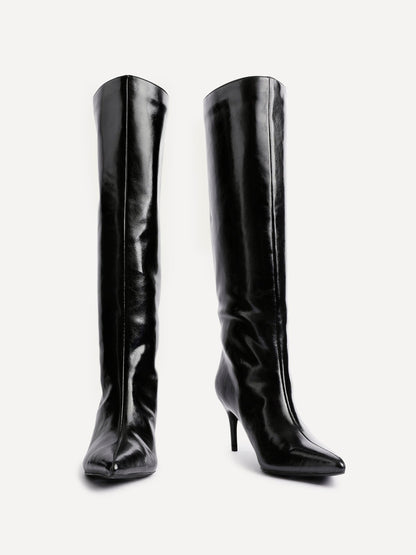Onyx Black Faux Leather Long Heeled Boots