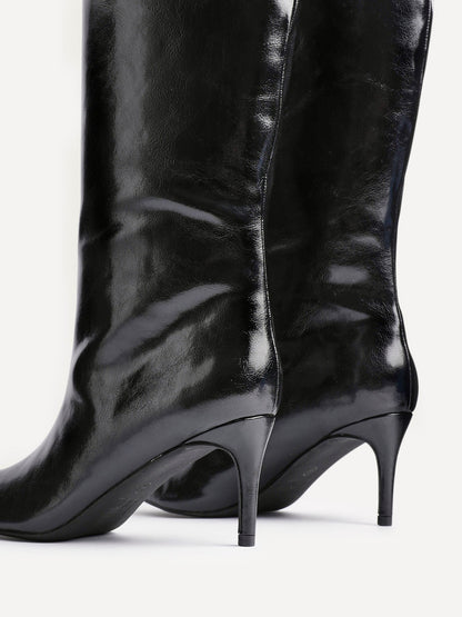 Onyx Black Faux Leather Long Heeled Boots