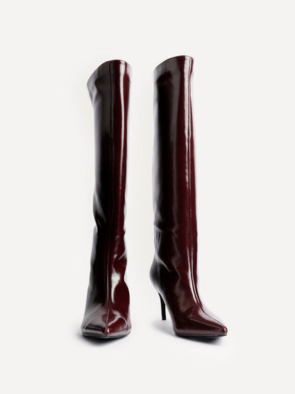 Onyx Burgundy Faux Leather Long Heeled Boots