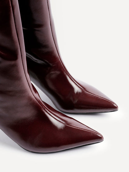 Onyx Burgundy Faux Leather Long Heeled Boots