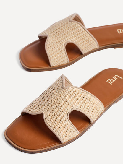 Petra Natural Raffia Link Flat Sandals