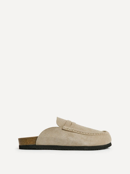 Poet Beige Real Suede Leather Mule Loafers
