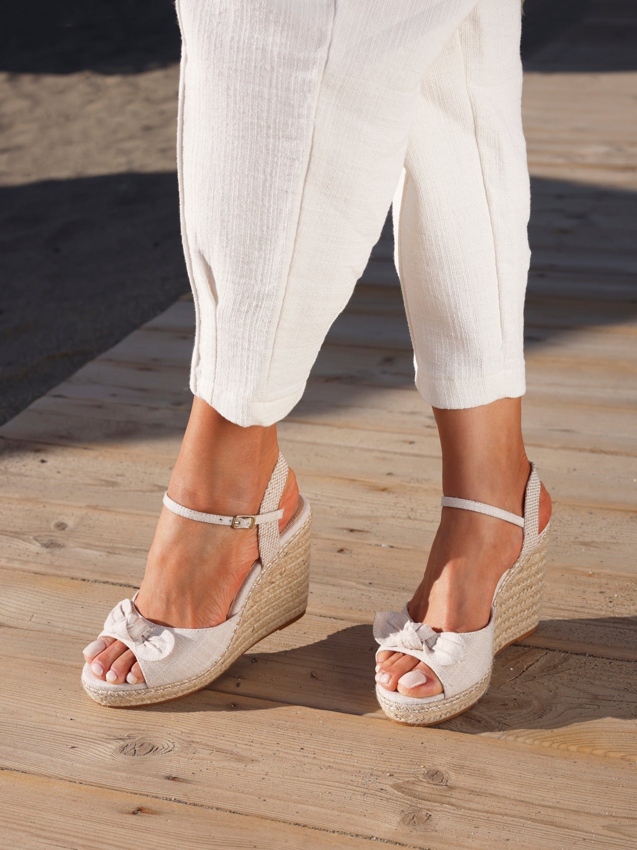 Portofino Beige Canvas Bow Detail Wedges