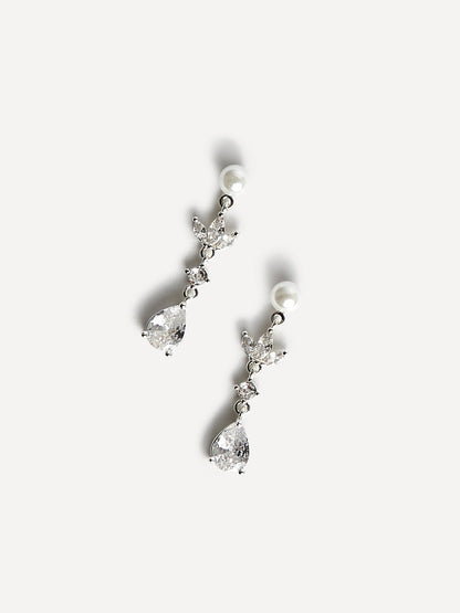 Pristine Silver Pearl Crystal Drop Earrings