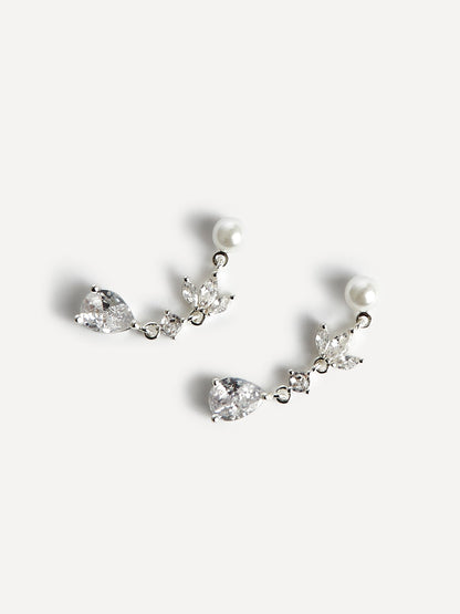 Pristine Silver Pearl Crystal Drop Earrings