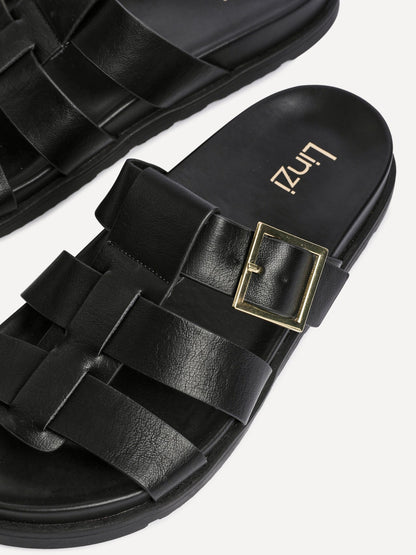 Restore Black Faux Leather Slip-On Gladiator Sandals