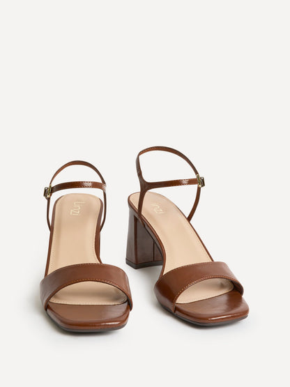 Reveal Brown Faux Leather Block Heeled Sandals