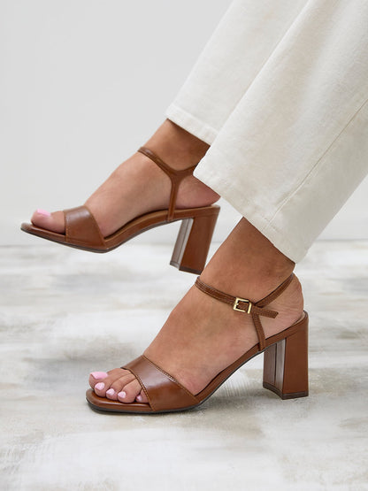 Reveal Brown Faux Leather Block Heeled Sandals