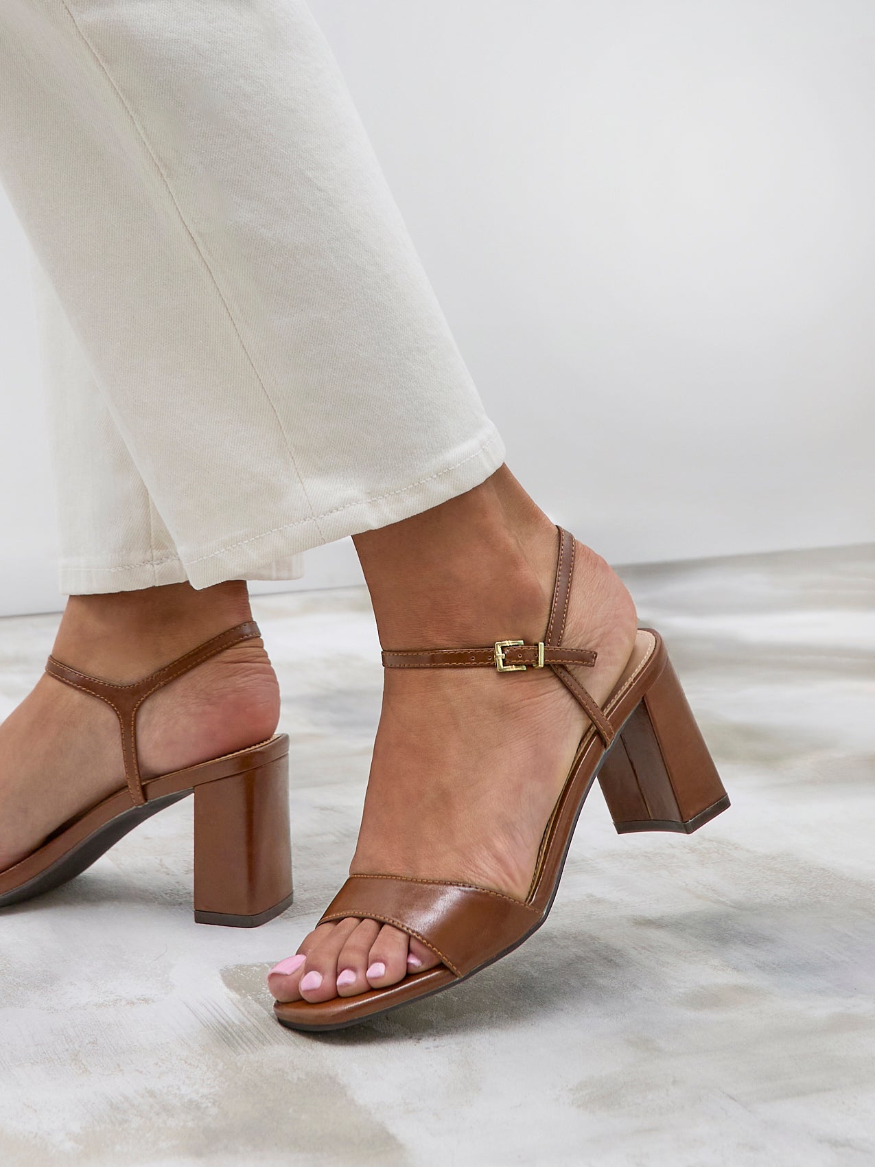 Reveal Brown Faux Leather Block Heeled Sandals