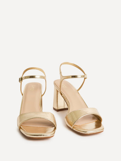 Reveal Gold Faux Leather Block Heeled Sandals