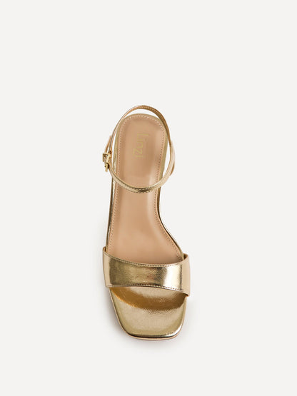 Reveal Gold Faux Leather Block Heeled Sandals