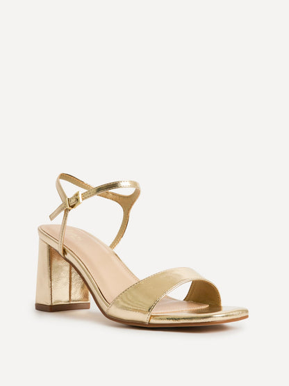 Reveal Gold Faux Leather Block Heeled Sandals