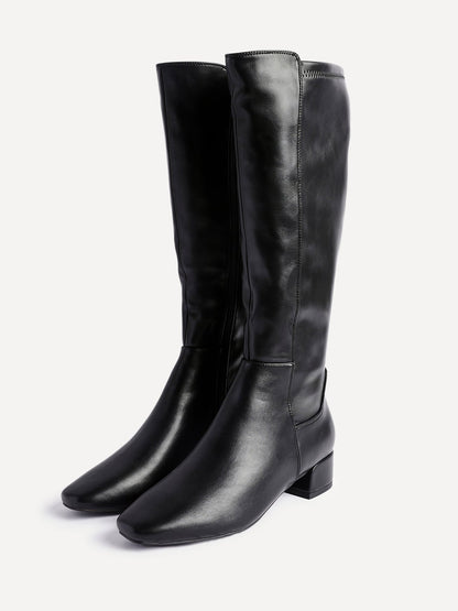 Revolve Black Faux Leather Block Heel Long Boots