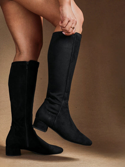 Revolve Black Faux Suede Block Heel Long Boots