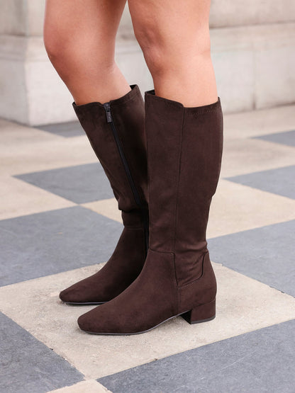 Revolve Brown Faux Suede Block Heel Long Boots