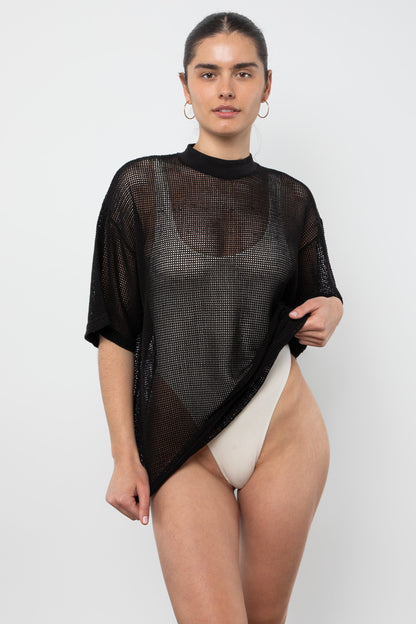 RIN500GD - Cotton Fishnet Mock Neck Big Tee