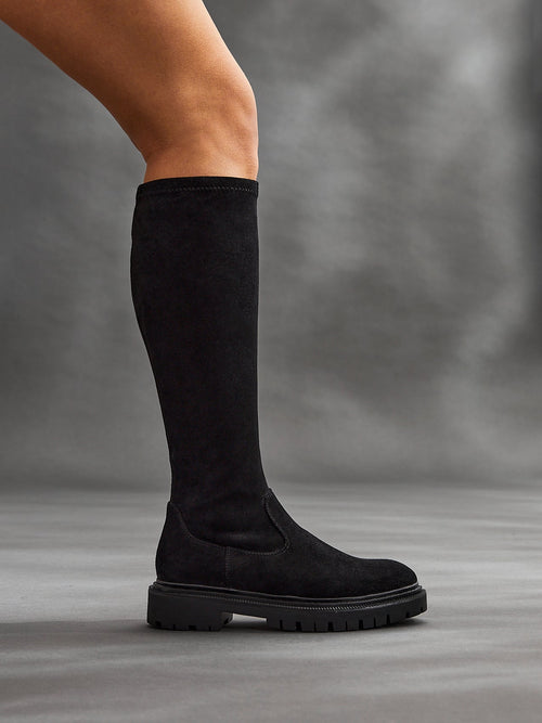 Hallie Black Faux Suede Long Boots