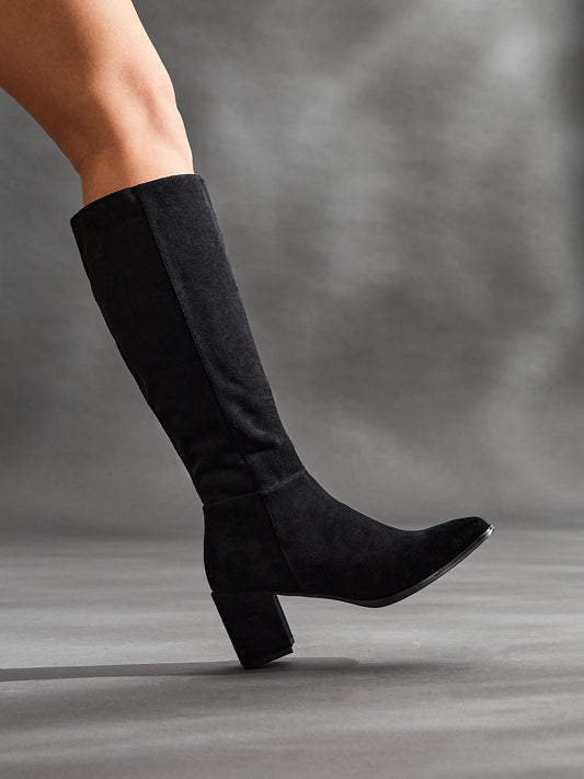 Swerve Black Heeled Long Boots