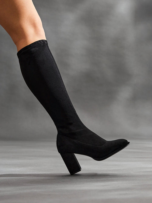 Kylie Black Stretch Long Block Heeled Boots