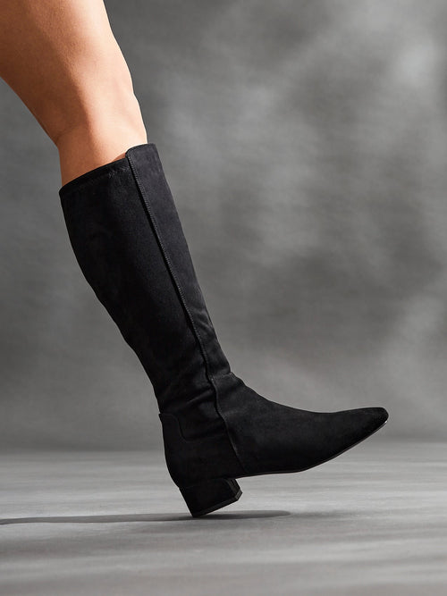 Revolve Black Faux Suede Block Heel Long Boots