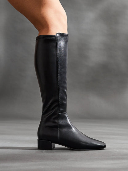 Revolve Black Faux Leather Block Heel Long Boots