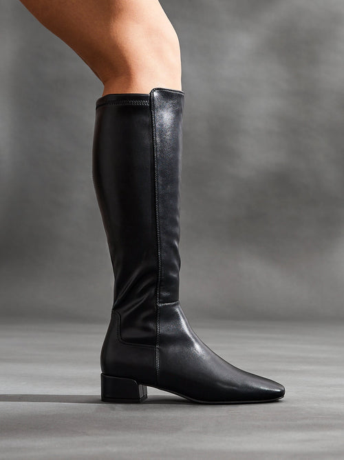 Revolve Black Faux Leather Block Heel Long Boots