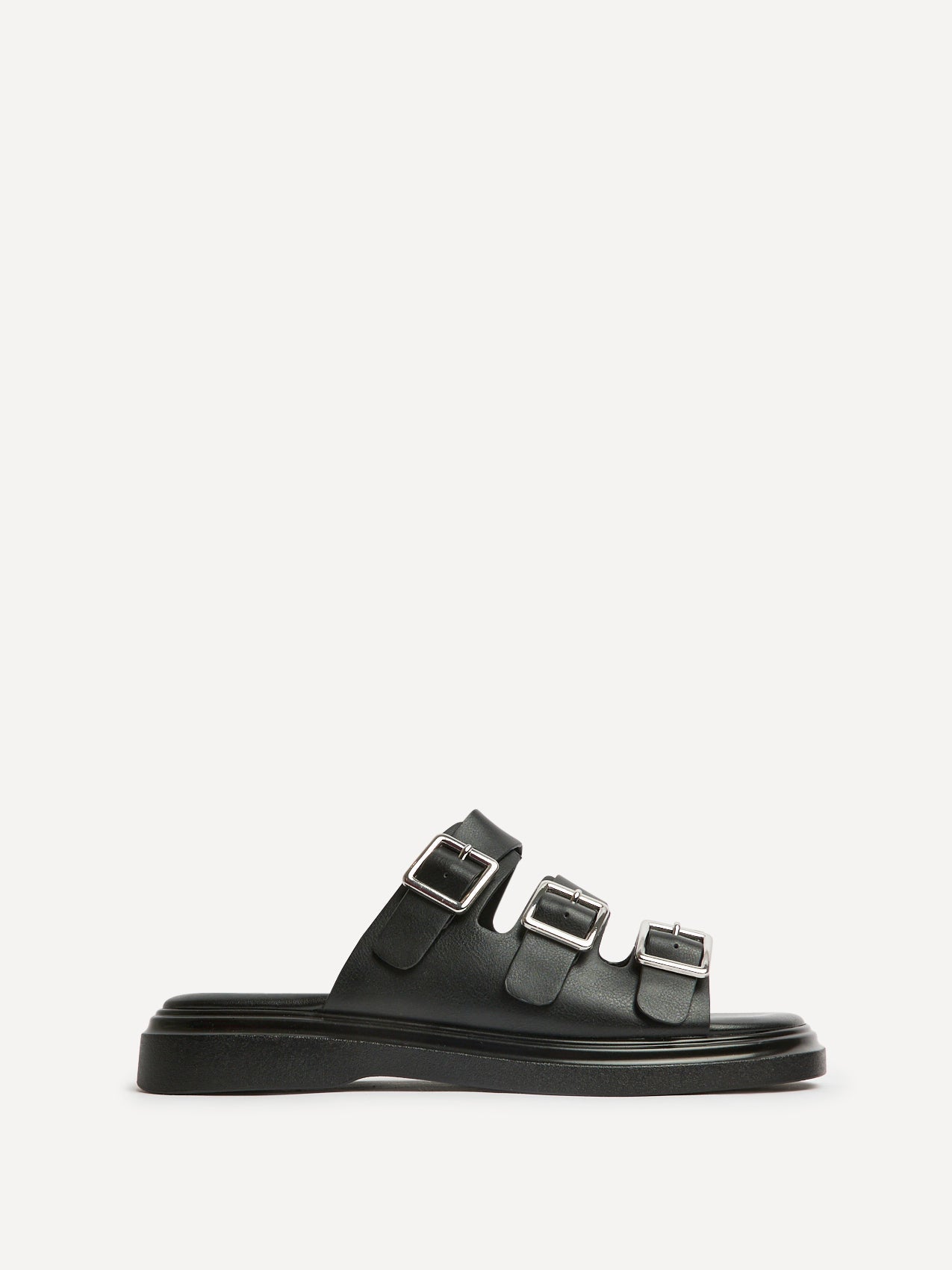 Satellite Black Faux Leather Flat Sandals