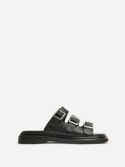 Satellite Black Faux Leather Flat Sandals