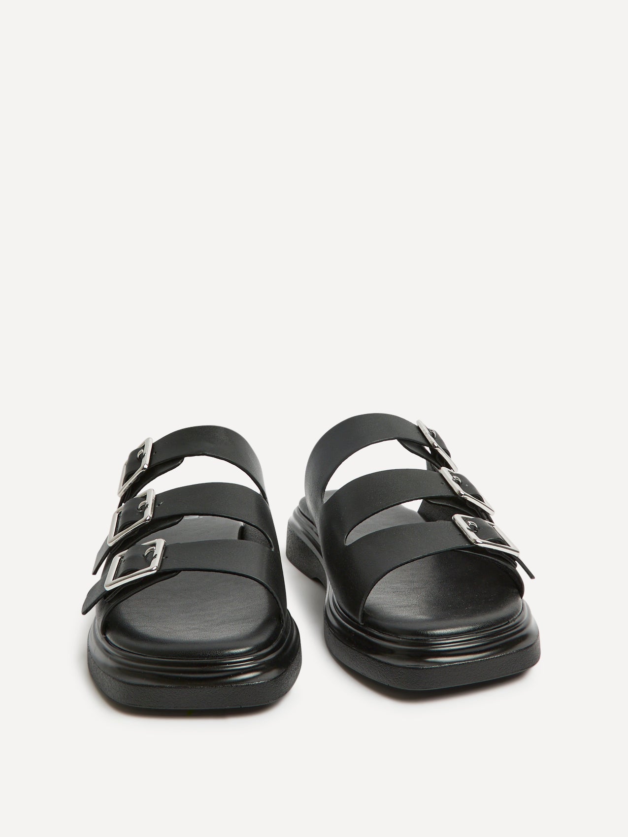 Satellite Black Faux Leather Flat Sandals