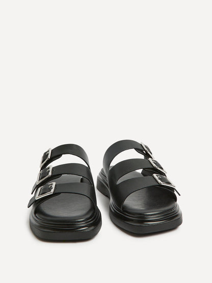 Satellite Black Faux Leather Flat Sandals